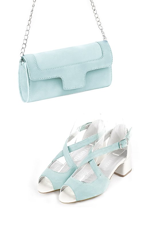 Dress clutch for wedding and parties in aquamarine blue leather - Worn view